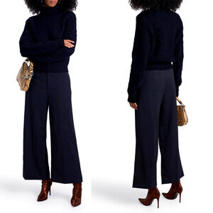 NWT! Nili Lotan 8 Wide Leg $750 Virgin Wool/Silk Dress Pants High Rise Navy Blue